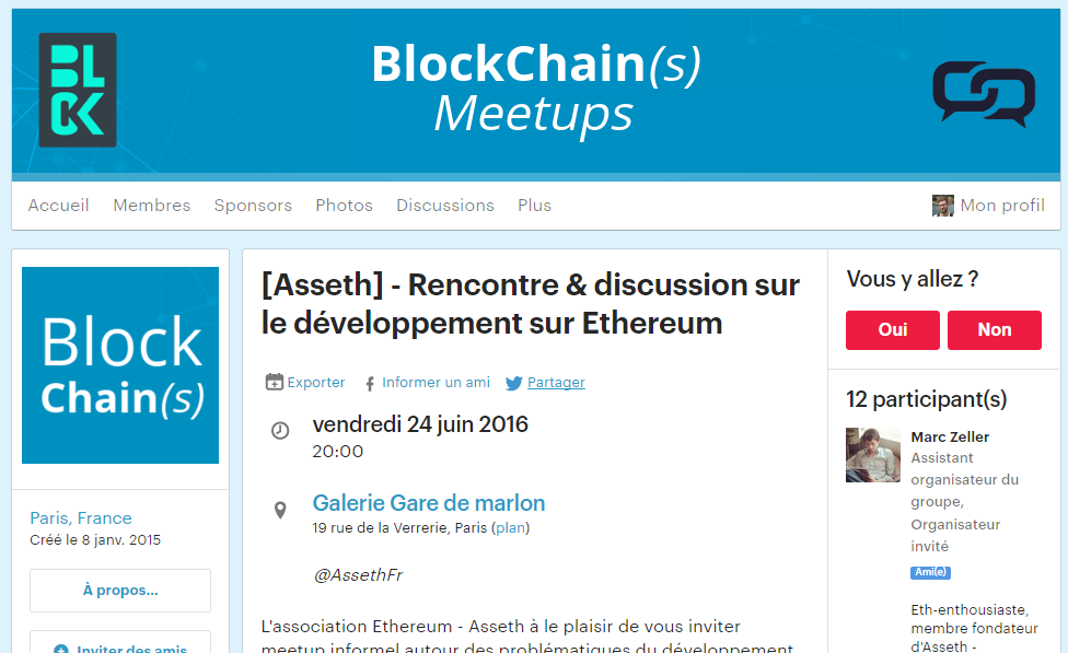 [Asseth] Meetup le 24 juin 2016 (ce soir) – Rencontre & discussion – Le développement sur Ethereum