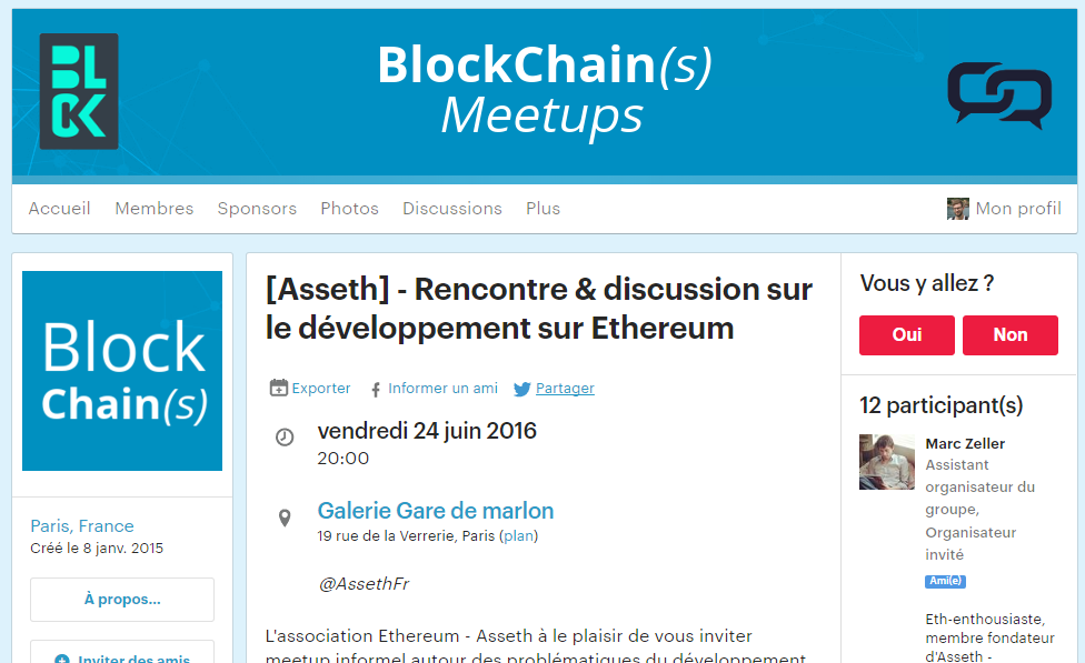 [Asseth] Meetup le 24 juin 2016 (ce soir) – Rencontre & discussion - Le développement sur Ethereum