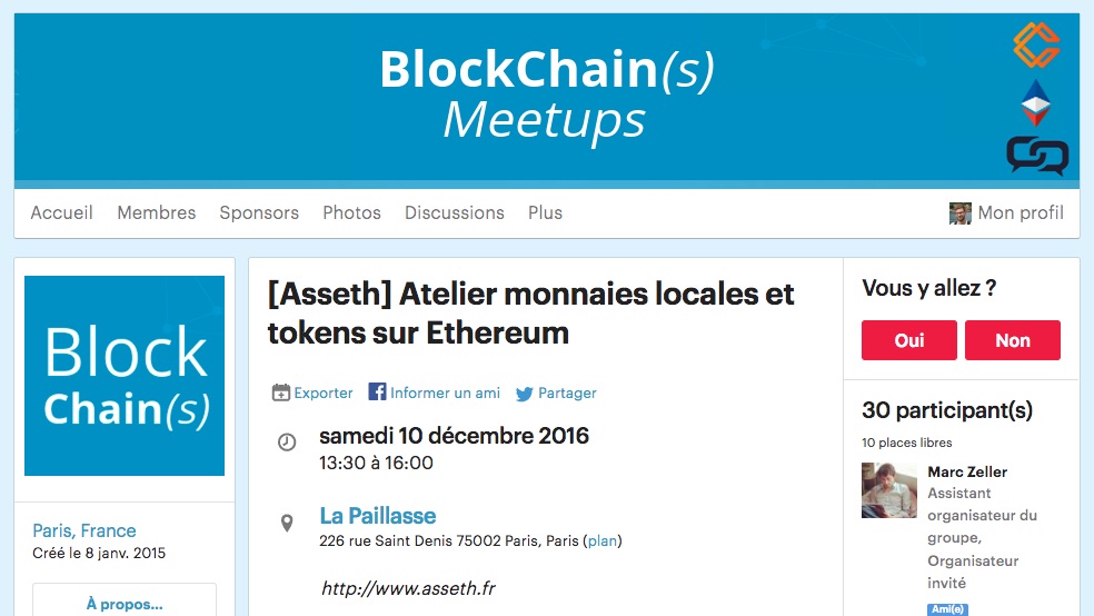 [Asseth] Atelier sur les smart-contracts de monnaies locales et tokens Ethereum le 10 décembre 2016