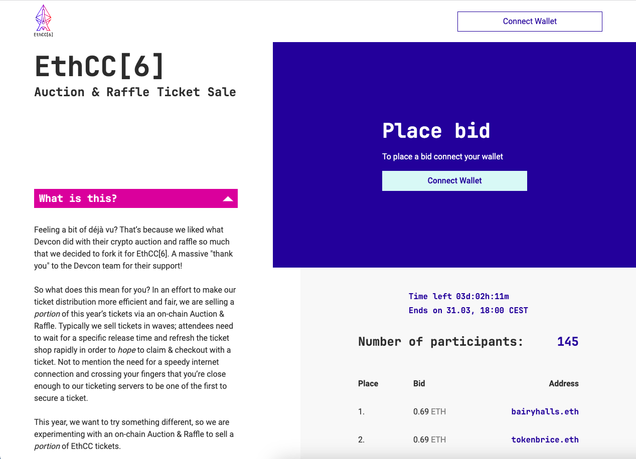 Vente aux enchères et tombola des tickets EthCC